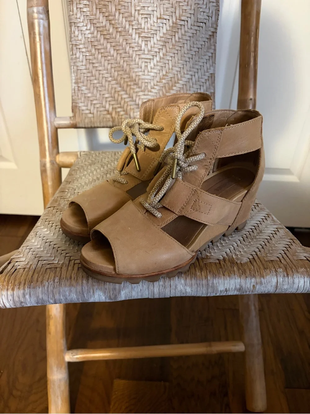 Sorel Tan Lace-Up Open-Toe Wedge Mules